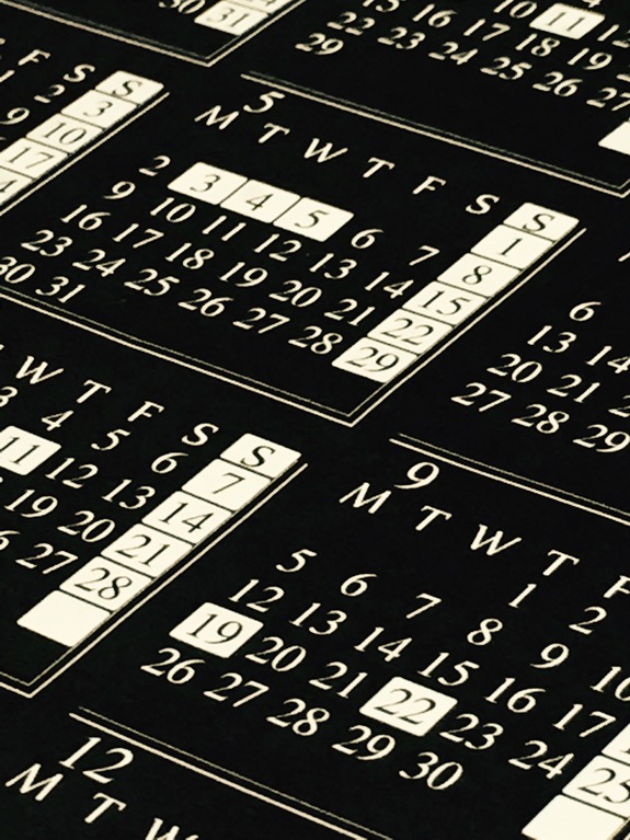 手帳の年間カレンダー部分です。休日や祝日の部分だけ背景を白くし、目に留まるように工夫されて今うs。