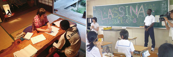 (左:野球練習後は日本語の勉強を)(右:はじめて日本の高校に体験入学)