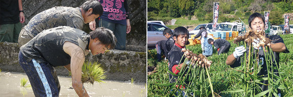 左:泥だらけになって田植え作業を行う選手 右:野菜の収穫を行う選手